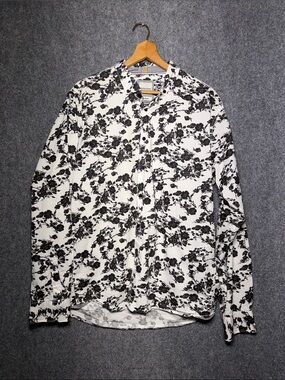 Men's Black & White Floral Long-Sleeve Button-Down Shirt